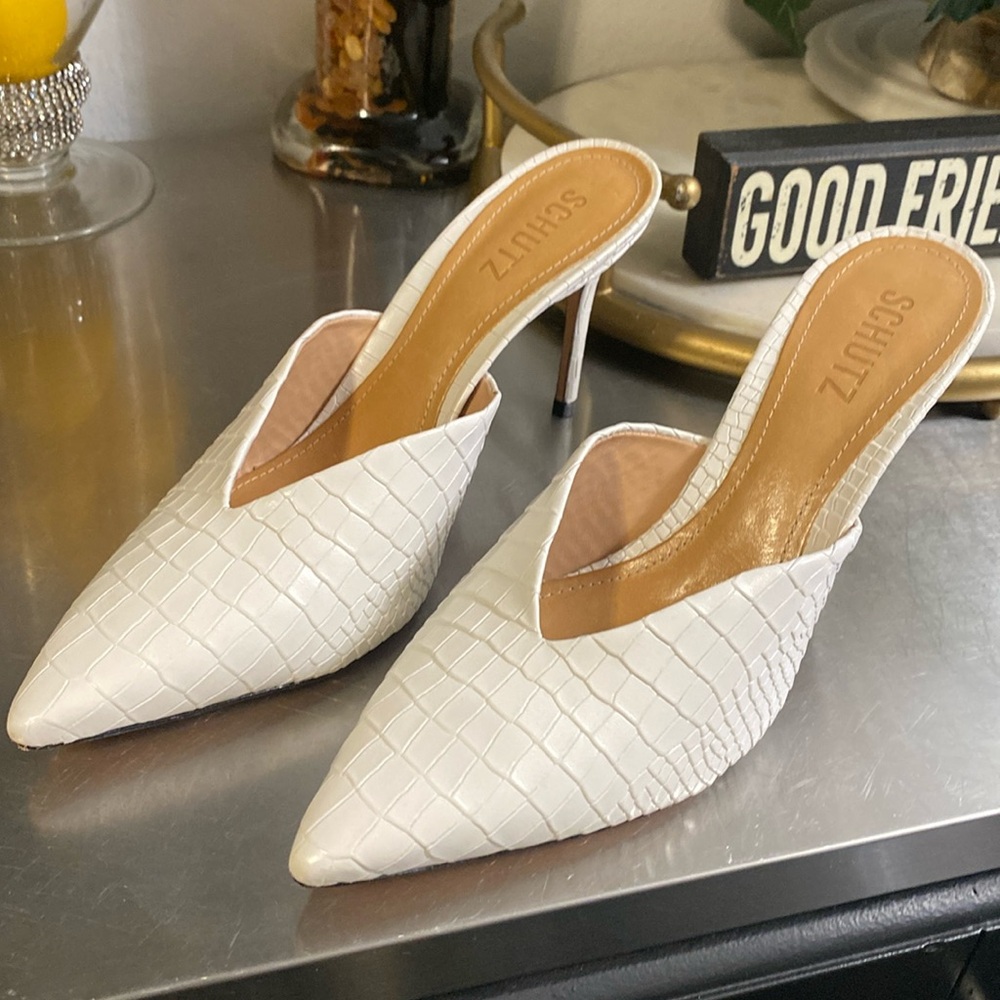 Schutz White Textured Pointed-Toe Mule Heels
